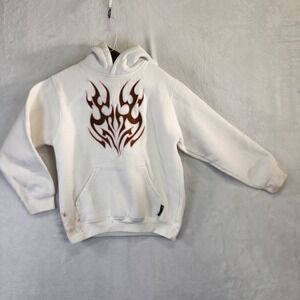 Silver Point White Graphic Hoodie Tribal Flame Print Hooded Sweatshirt Womens Sm